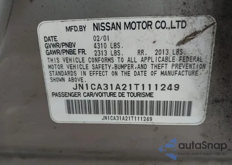 2001 Nissan Maxima Gle из США, поврежденный, VIN JN1CA31A21T111249